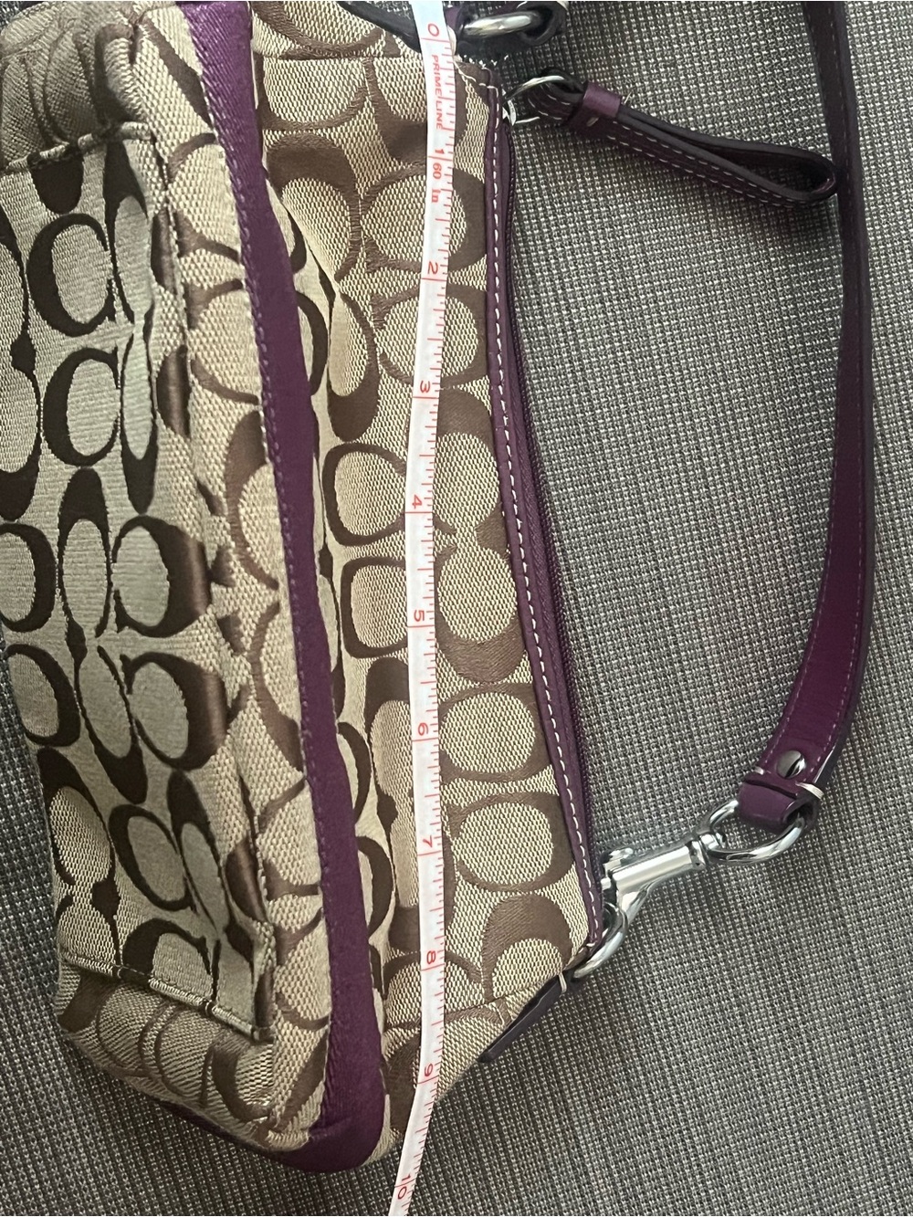 Coach Brown Signature Canvas Crossbody with Purple Trim